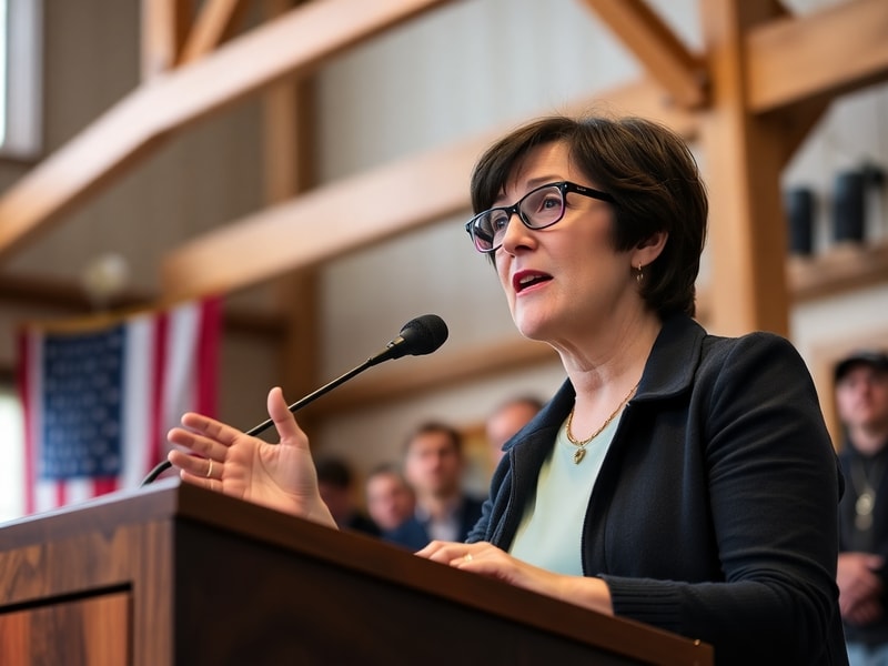 A professional headshot of Hannah Pingree speaking at a podium, set against the backdrop of the Maine State House with a warm