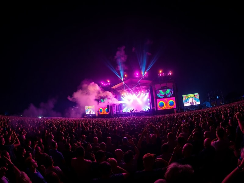 A vibrant aerial view of the Isle of Wight Festival at sunset, with crowds gathered around a main stage, colorful stage light