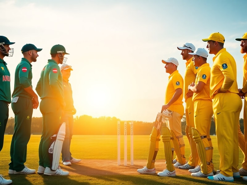 A packed Australian stadium with players celebrating a wicket, featuring the Australian flag and the Ashes urn prominently in