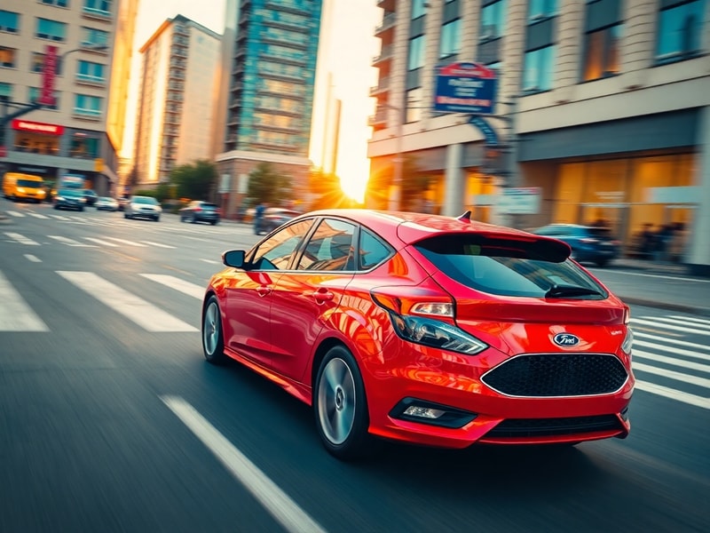 A well-lit urban street scene featuring a classic Ford Focus hatchback parked near a European café, with a mix of modern and