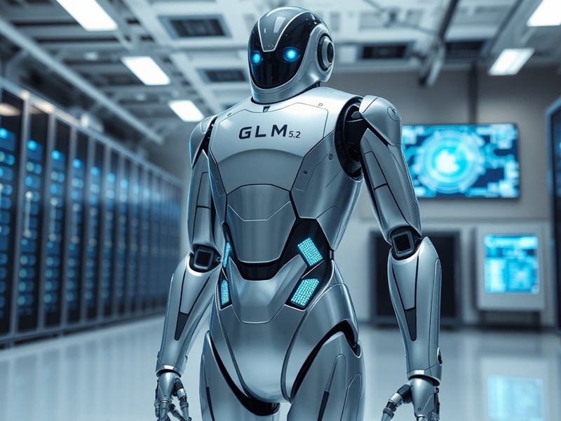 A futuristic digital workspace showcasing GLM 5.2’s interface on multiple screens, with global network connections and divers