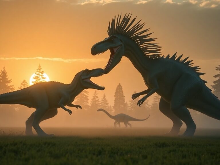 A cinematic poster-style image showing the Giganotosaurus looming over the San Francisco skyline, with a Quetzalcoatlus flyin