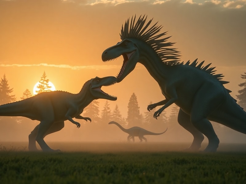 A cinematic poster-style image showing the Giganotosaurus looming over the San Francisco skyline, with a Quetzalcoatlus flyin