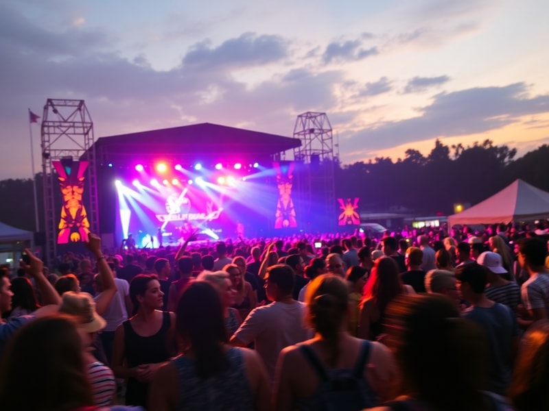 A vibrant crowd at an outdoor evening event with colorful stage lighting, diverse attendees taking photos, and a lively atmos