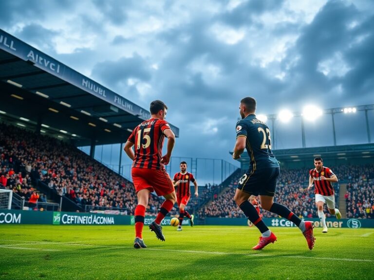 A vibrant matchday scene at the MKM Stadium in Hull, with fans in black-and-amber scarves, the Humber Estuary visible in the