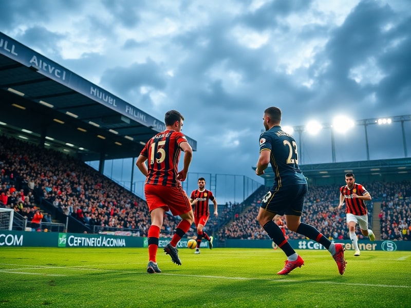A vibrant matchday scene at the MKM Stadium in Hull, with fans in black-and-amber scarves, the Humber Estuary visible in the