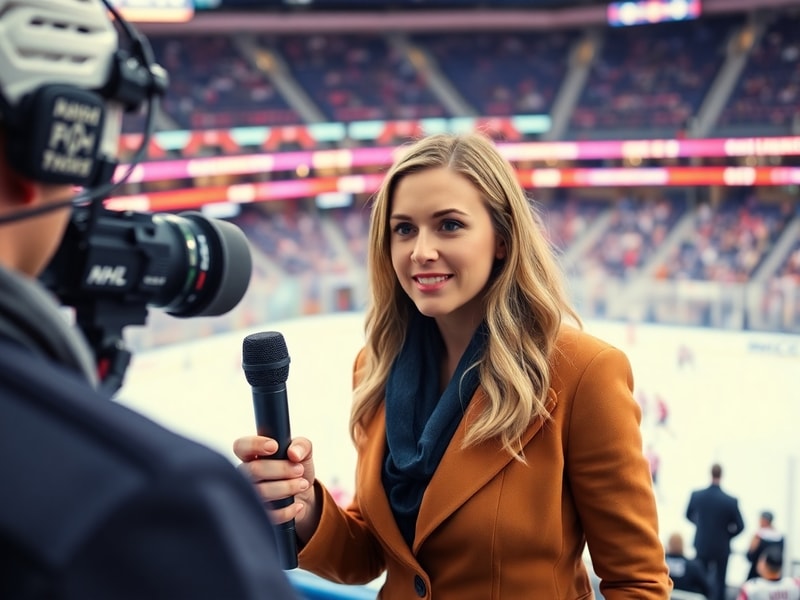 Hailey Hunter conducting an on-ice interview at an NHL rink during a game, wearing a headset and holding a microphone, with p