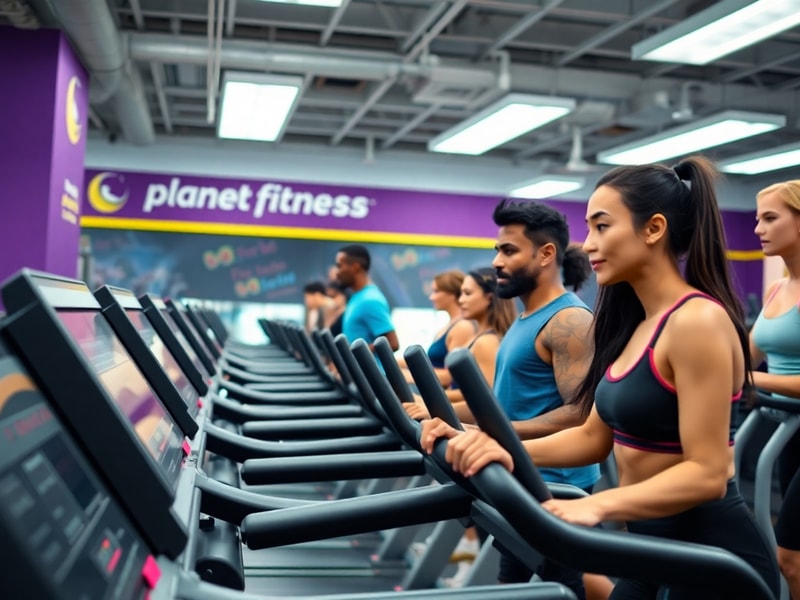 A brightly lit Planet Fitness gym interior with members exercising on cardio machines and selectorized equipment, featuring t