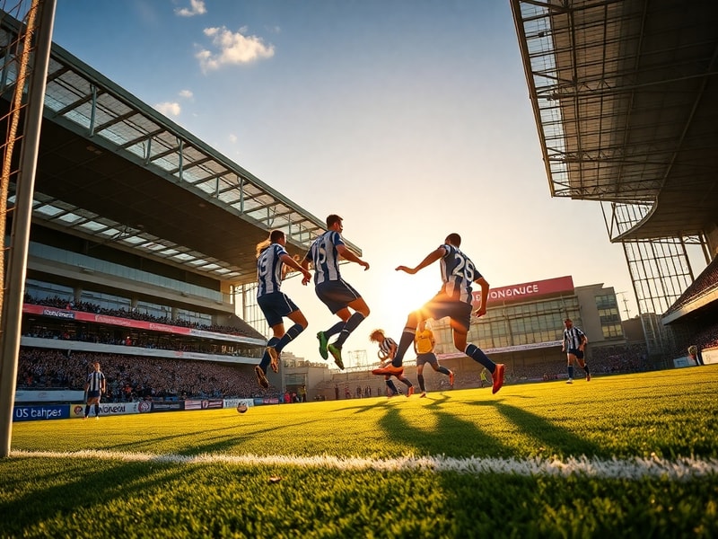 A panoramic view of Portman Road during a packed Ipswich Town match, showing fans in blue scarves, the modern stadium lights