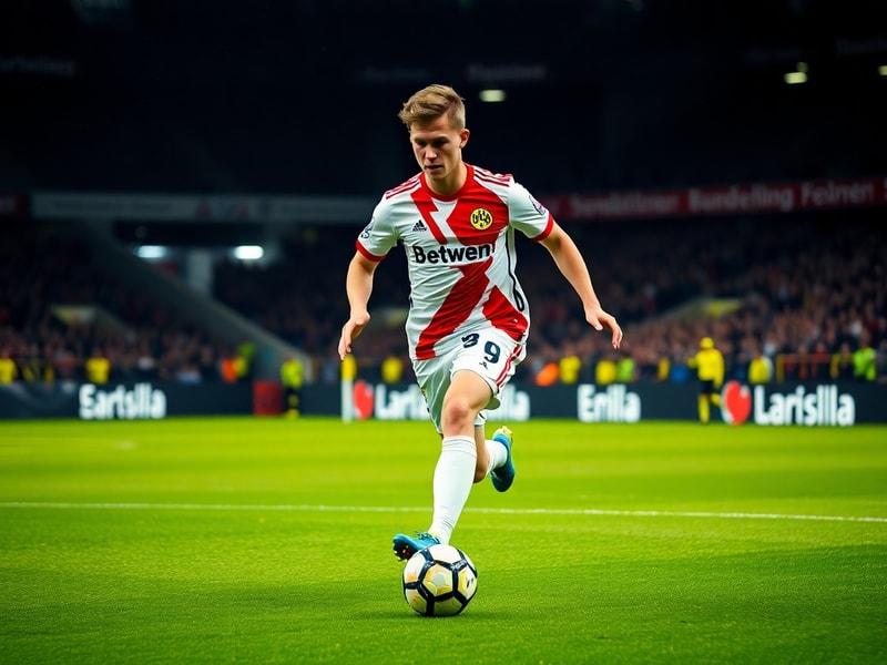 Julian Brandt in action during a Bayer Leverkusen match, wearing the club's iconic black and red kit, controlling the ball in