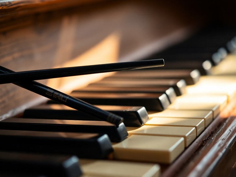 A close-up of two chopsticks tapping rhythmically on a wooden table with sheet music of Für Elise in the background, soft lig