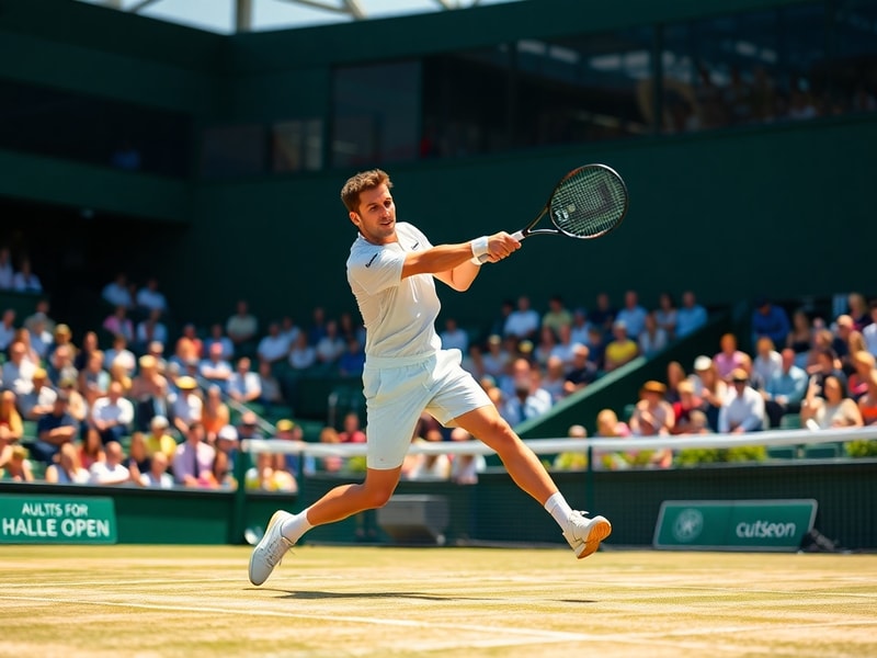 A wide shot of OWL Arena in Halle during a sunny afternoon match, with players in action on the grass courts, spectators in t