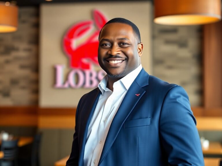 A professional portrait of Damola Adamolekun in a Red Lobster-branded setting, wearing business attire while engaging with st