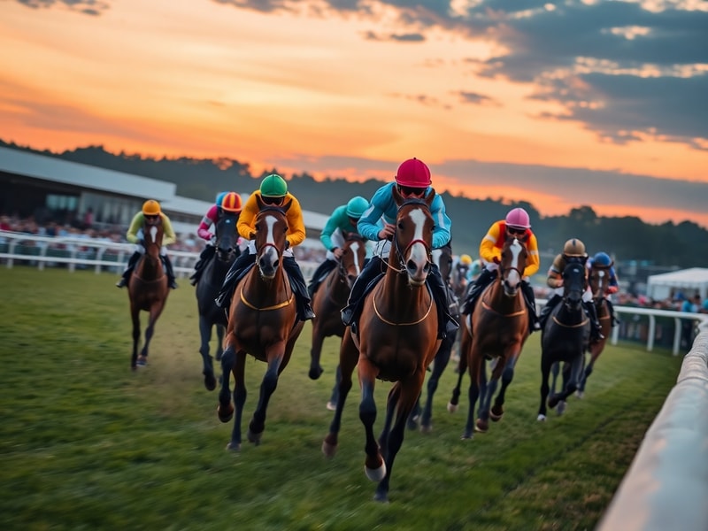A split-screen image showing a thrilling horse race at Cheltenham with jockeys in colorful silks, alongside a modern ITV broa