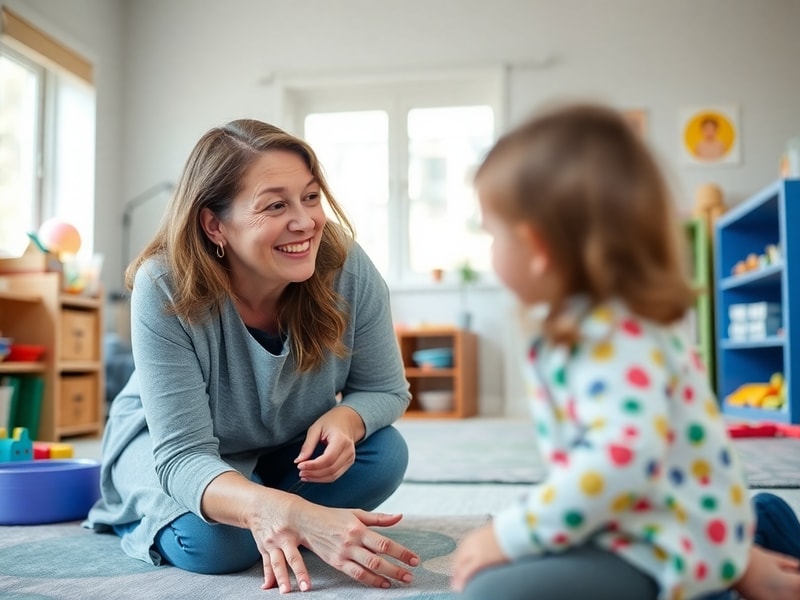 A warm, well-lit living room scene featuring Jo Frost in a cozy sweater, kneeling to talk to two young children at eye level.
