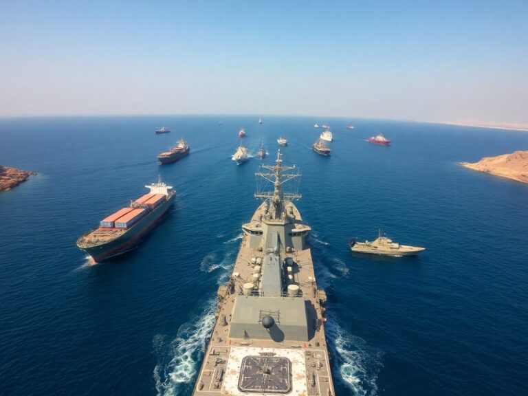 A wide-angle view of the Strait of Hormuz packed with oil tankers, surrounded by rugged Omani and Iranian coastlines. The sce