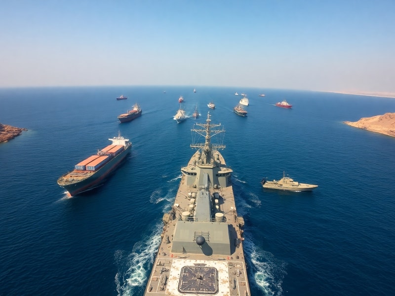 A wide-angle view of the Strait of Hormuz packed with oil tankers, surrounded by rugged Omani and Iranian coastlines. The sce