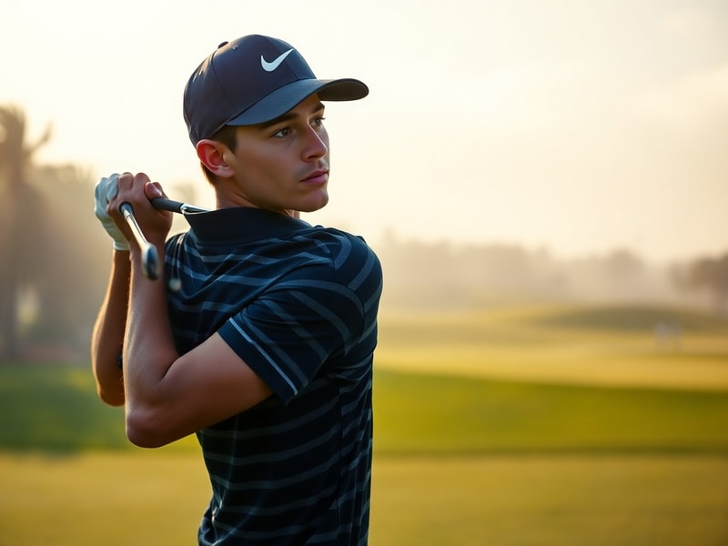 A dynamic action shot of Joaquin Niemann mid-swing on a sunlit golf course, showcasing his focused expression and athletic fo