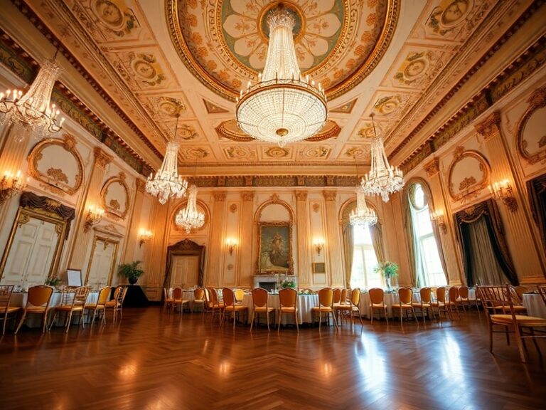 A grand view of the White House State Ballroom’s gilded ceiling, crystal chandeliers, and polished wood floors, bathed in war