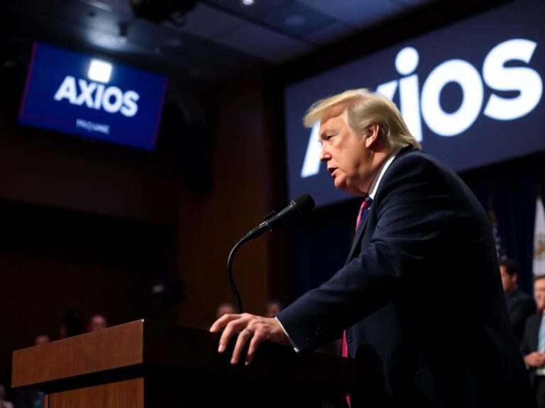 A split-screen image of Donald Trump speaking during the Axios interview, juxtaposed with a gavel and a smartphone displaying