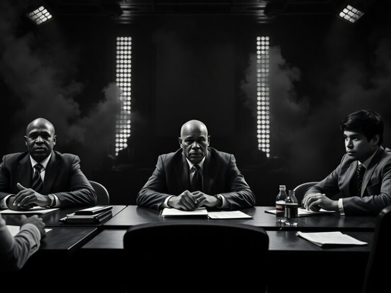 A split-image visual showing Floyd Mayweather and Manny Pacquiao in their respective corners during a press conference, with