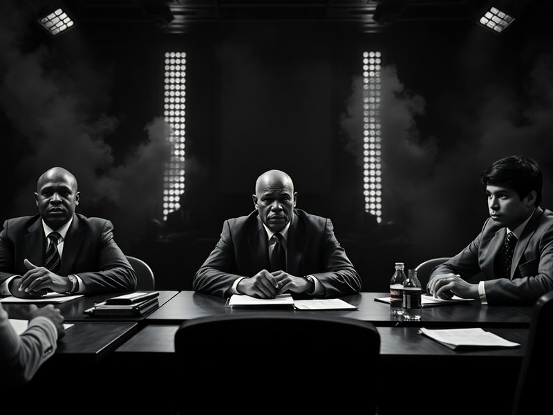 A split-image visual showing Floyd Mayweather and Manny Pacquiao in their respective corners during a press conference, with