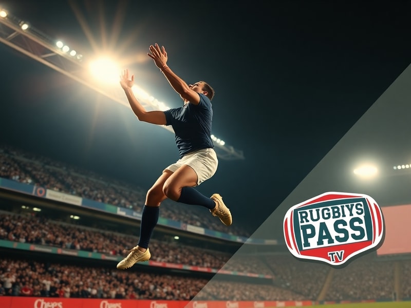 A split-screen image showing a live rugby match on a smartphone screen and a laptop displaying a RugbyPass TV documentary, wi