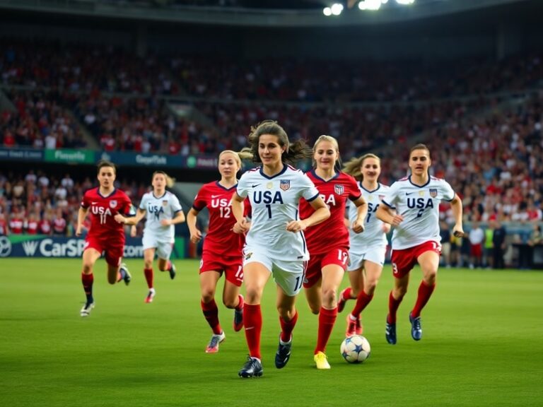 A dynamic image showing the USA soccer teams in action, with flags, jerseys, and stadium lights in the background, capturing