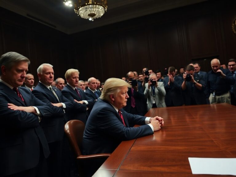 A split-screen image showing Donald Trump speaking at a rally on one side and Senate Republicans like Mitch McConnell in a fo