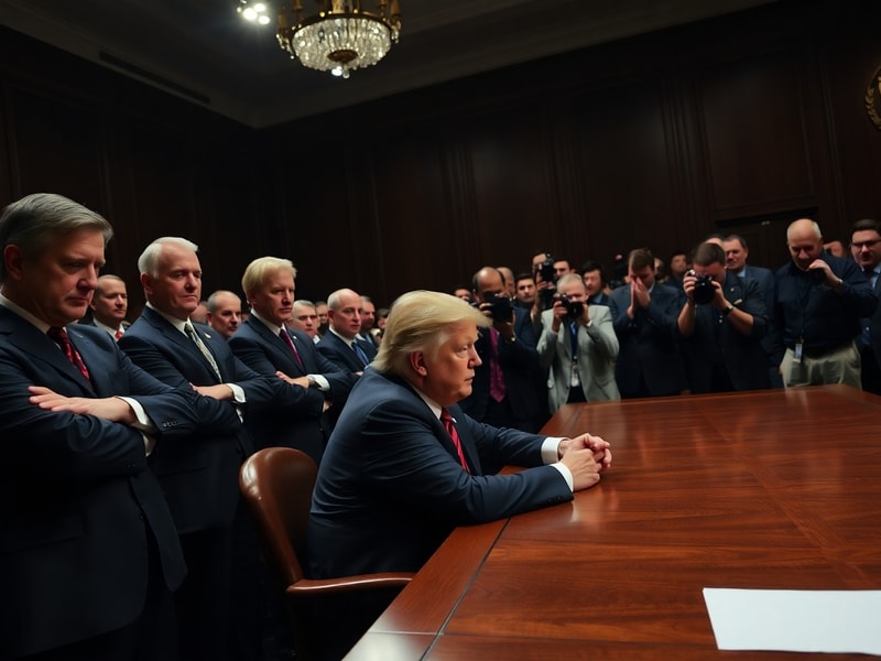 A split-screen image showing Donald Trump speaking at a rally on one side and Senate Republicans like Mitch McConnell in a fo