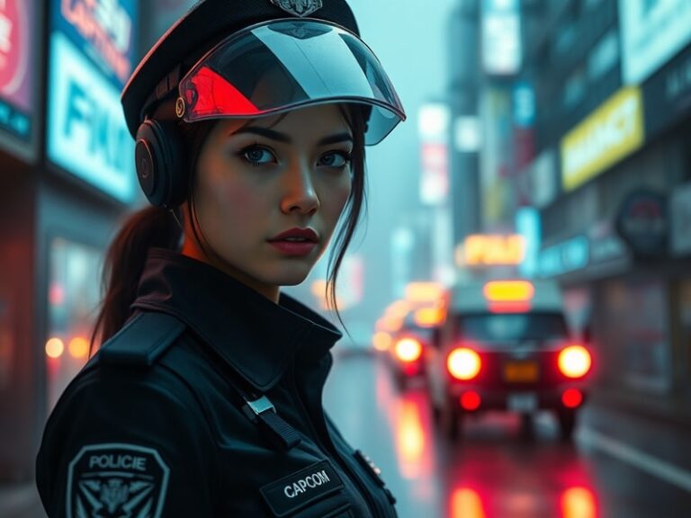 A cinematic promotional image featuring Diana Police standing in a neon-lit dystopian cityscape, wearing armored gear with gl
