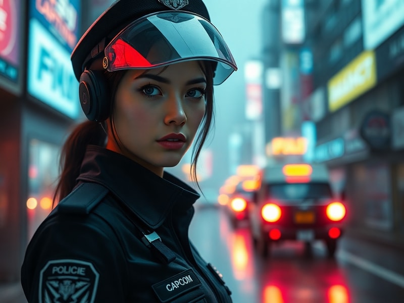 A cinematic promotional image featuring Diana Police standing in a neon-lit dystopian cityscape, wearing armored gear with gl