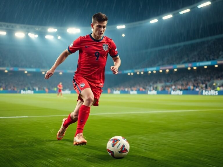 Christian Pulisic in action wearing AC Milan’s home kit, mid-dribble on a sunlit San Siro pitch, with a backdrop of cheering