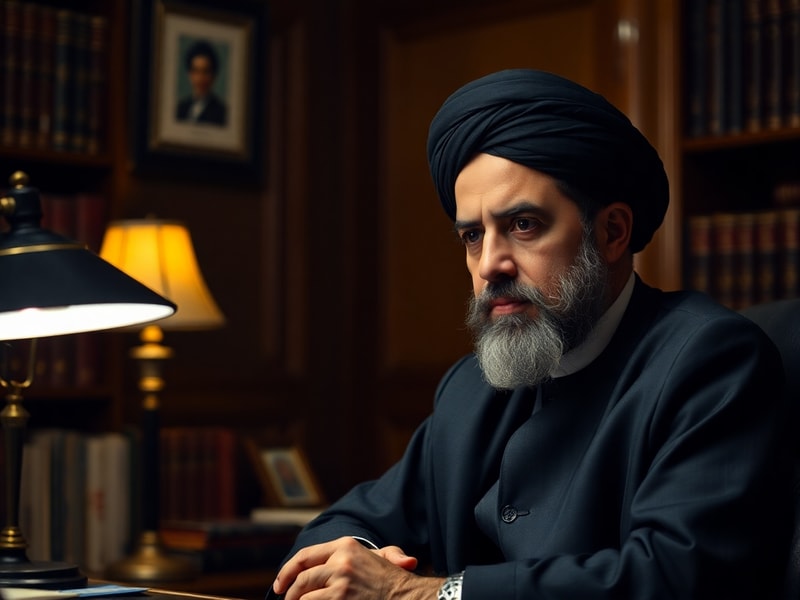 A candid photo of Mojtaba Khamenei in a formal setting, possibly at a religious or political event, with a stern expression,