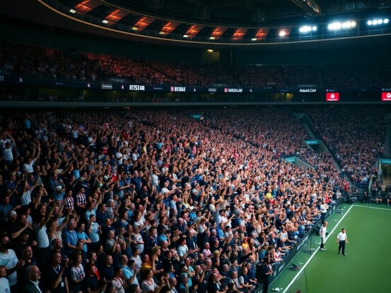 A panoramic view of SoFi Stadium in Los Angeles during sunset, with digital screens displaying 'FIFA World Cup 2026' and fans