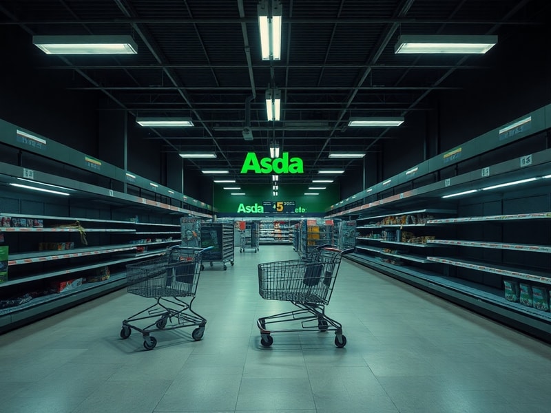 A somber storefront of an ASDA supermarket with a 'Closing Down' sign partially visible, surrounded by empty parking spaces.