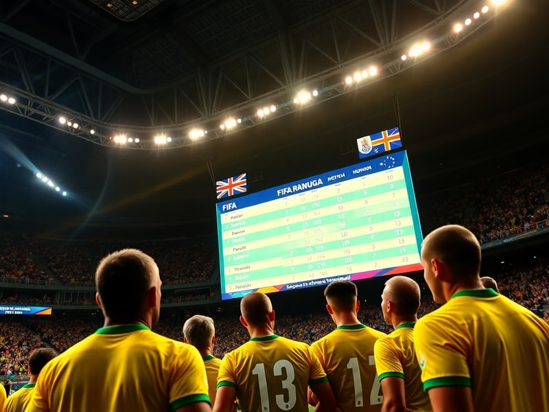 A dynamic action shot of the Australian national football team celebrating a goal during a match, with fans in the background