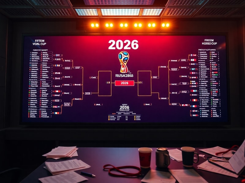 A vibrant digital illustration of a World Cup bracket with 48 team slots, flags from various nations, and a futuristic stadiu
