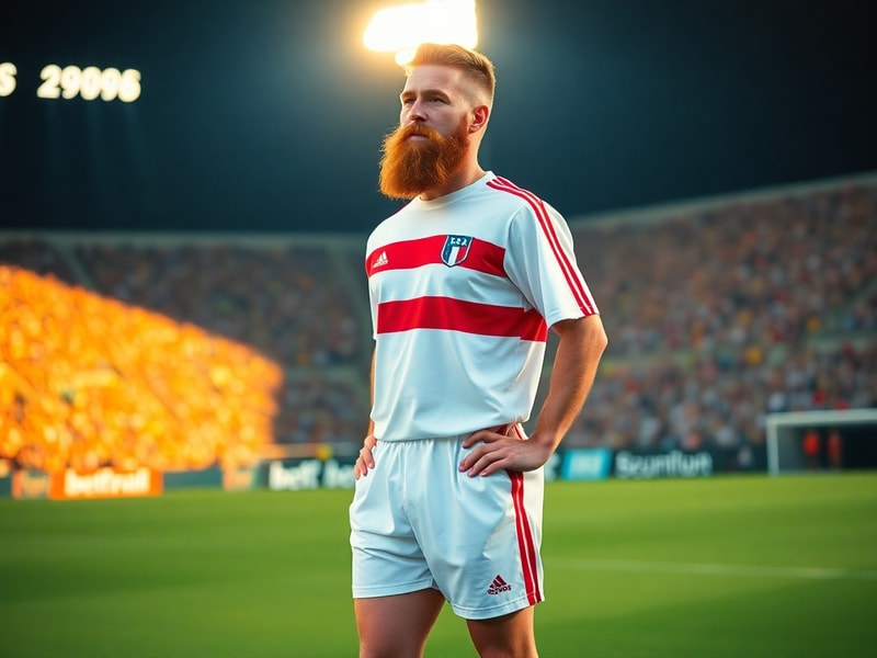 Alexi Lalas in a 1990s U.S. national team jersey, mid-action during a match, with his iconic red hair and mustache visible. T