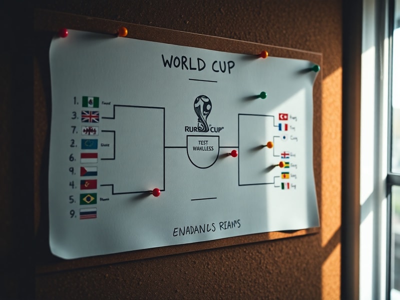 A vibrant infographic-style illustration of the World Cup bracket layout with team crests, knockout stage paths, and stadium