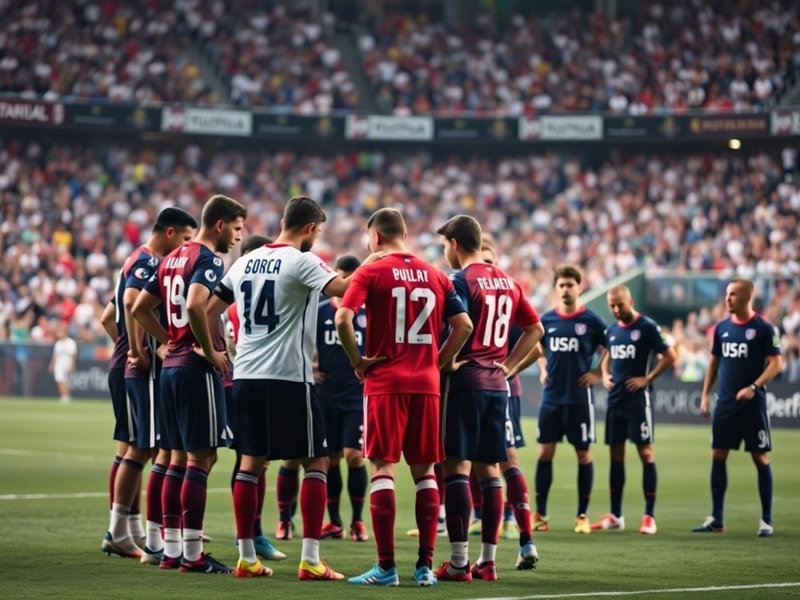 A tense USMNT huddle on a rain-soaked CONCACAF pitch, with blurred stadium lights and players in blue and white, conveying fo