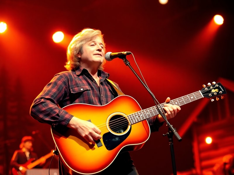 A warm, nostalgic photograph of John Denver performing outdoors in the 1970s, wearing a denim jacket and holding an acoustic