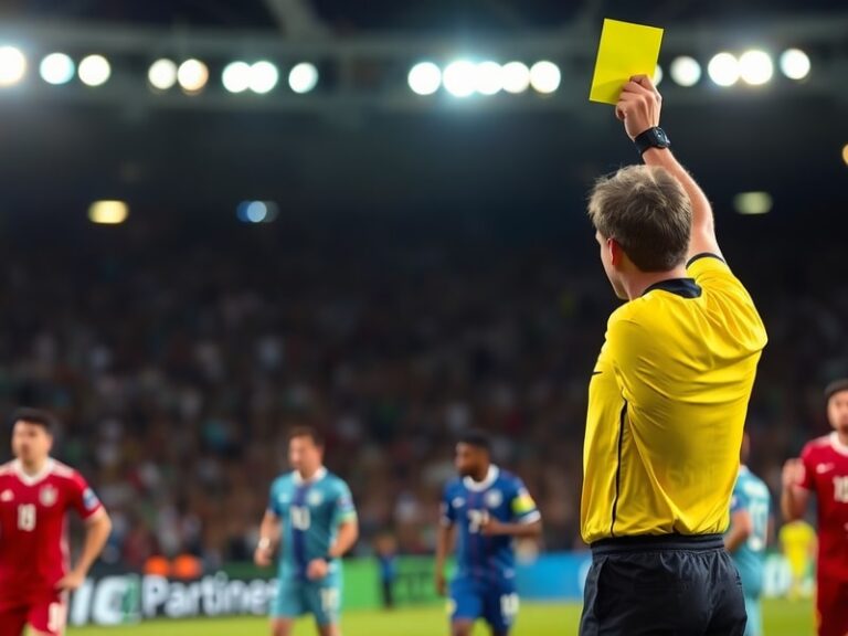 A tense moment on a World Cup pitch where a referee is showing a yellow card to a player, with teammates and opponents reacti