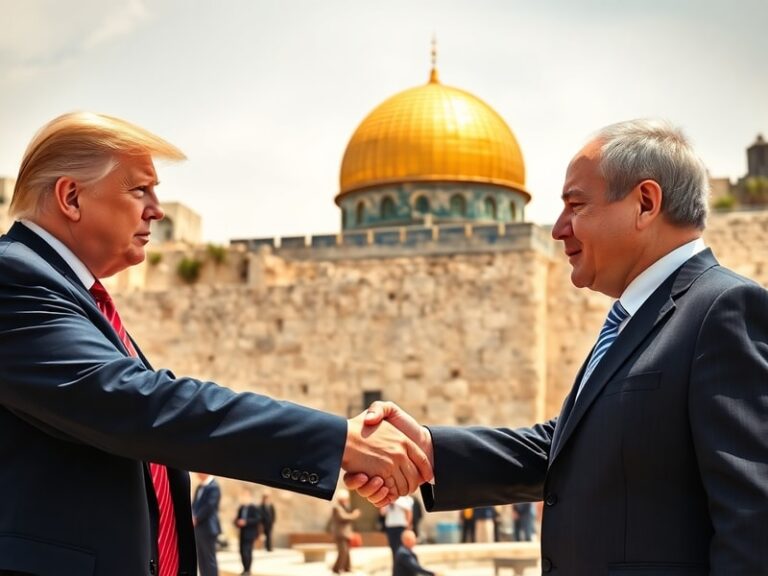 A split-image illustration showing Donald Trump shaking hands with Benjamin Netanyahu on one side, and the Abraham Accords si