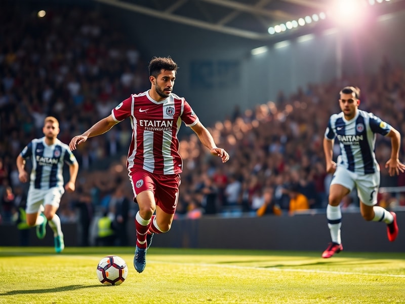 A dynamic midfield action shot of Ismael Saibari in PSV Eindhoven’s red-and-white jersey, dribbling past two opponents in a p
