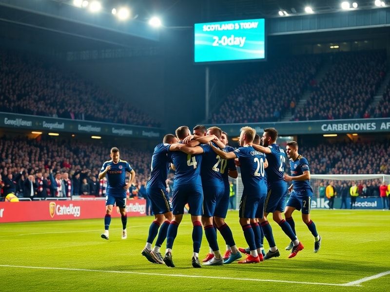 A packed Hampden Park stadium under floodlights, with fans in tartan scarves and Scotland flags waving, as players celebrate