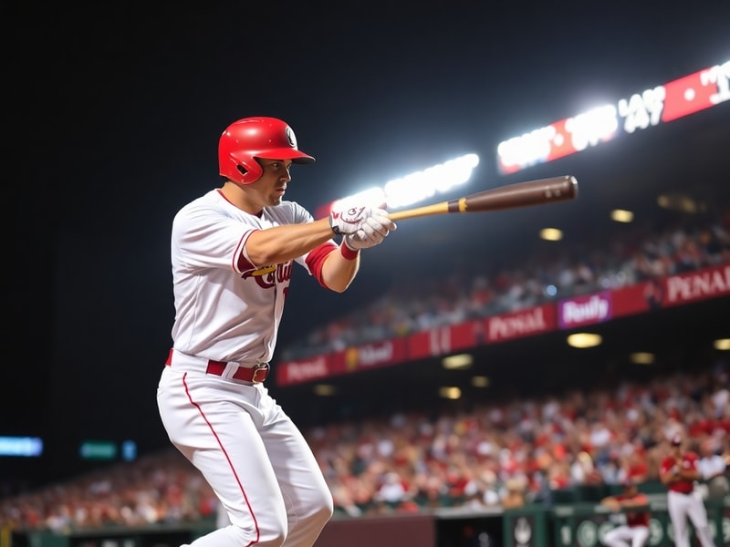 Randal Grichuk mid-swing in a blue and white baseball uniform, captured in a stadium setting during a night game. The image h