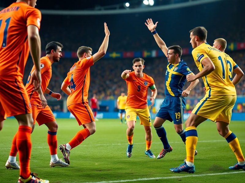 A split-screen image showing the Netherlands and Sweden players in action during the match, with Dutch players celebrating a