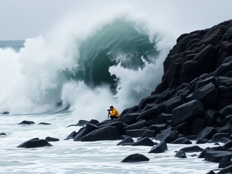 A dramatic photo of a sneaker wave crashing onto a rocky Pacific coastline, with a lone figure standing safely in the backgro