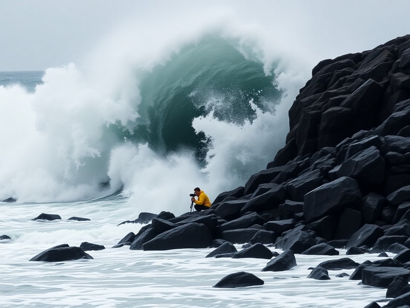 A dramatic photo of a sneaker wave crashing onto a rocky Pacific coastline, with a lone figure standing safely in the backgro